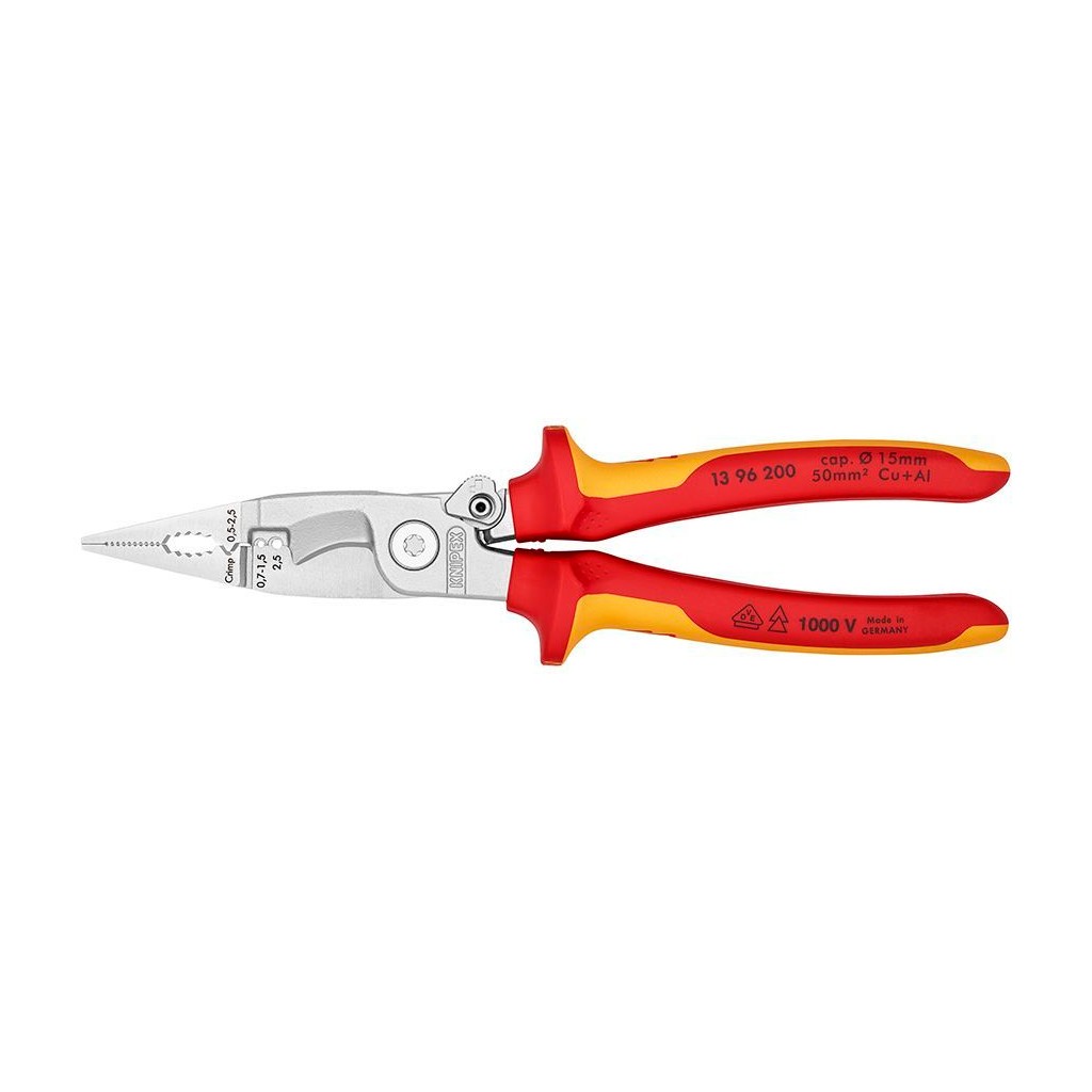 Клещи KNIPEX электромонтажные VDE, 6-в-1, зачистка 0.75 – 1.5 / 2.5 мм2, рез диаметр 15 мм / 50 мм2, 200 мм, защёлка, хром, 2-комп диэлектрические ручки, KN-1396200