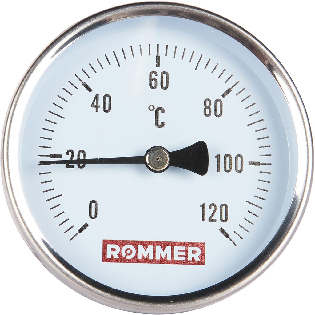 Термометр биметаллический ROMMER 80 мм 120 градусов с погружной гильзой 75 мм 1/2, RIM-0001-807515