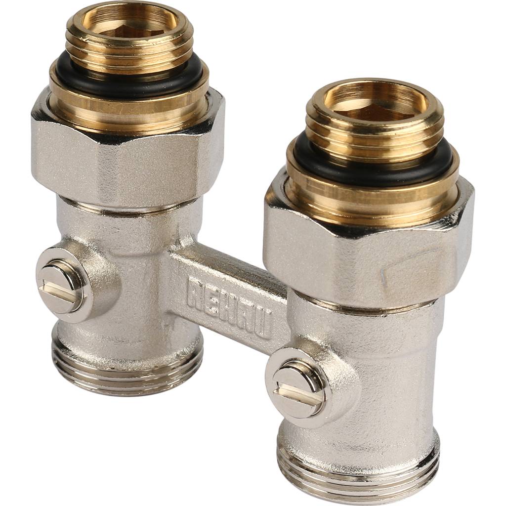 REHAU 12407373001 РЕХАУ Блок шаровых кранов РЕХАУ с соед. нип. G 1/2xG 3/4, угловой (никелирован.), 12407373001