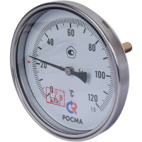 РОСМА БТ-51.211(0-120С)G1/2.64.1,5 ТЕРМОМЕТР биметалл. 100 мм, ТИП - БТ-51 корпус - хромированная сталь, шток осевой 64х6мм - нерж.сталь, 0-120C, c гильзой (латунь) G1/2, кл. 1,5