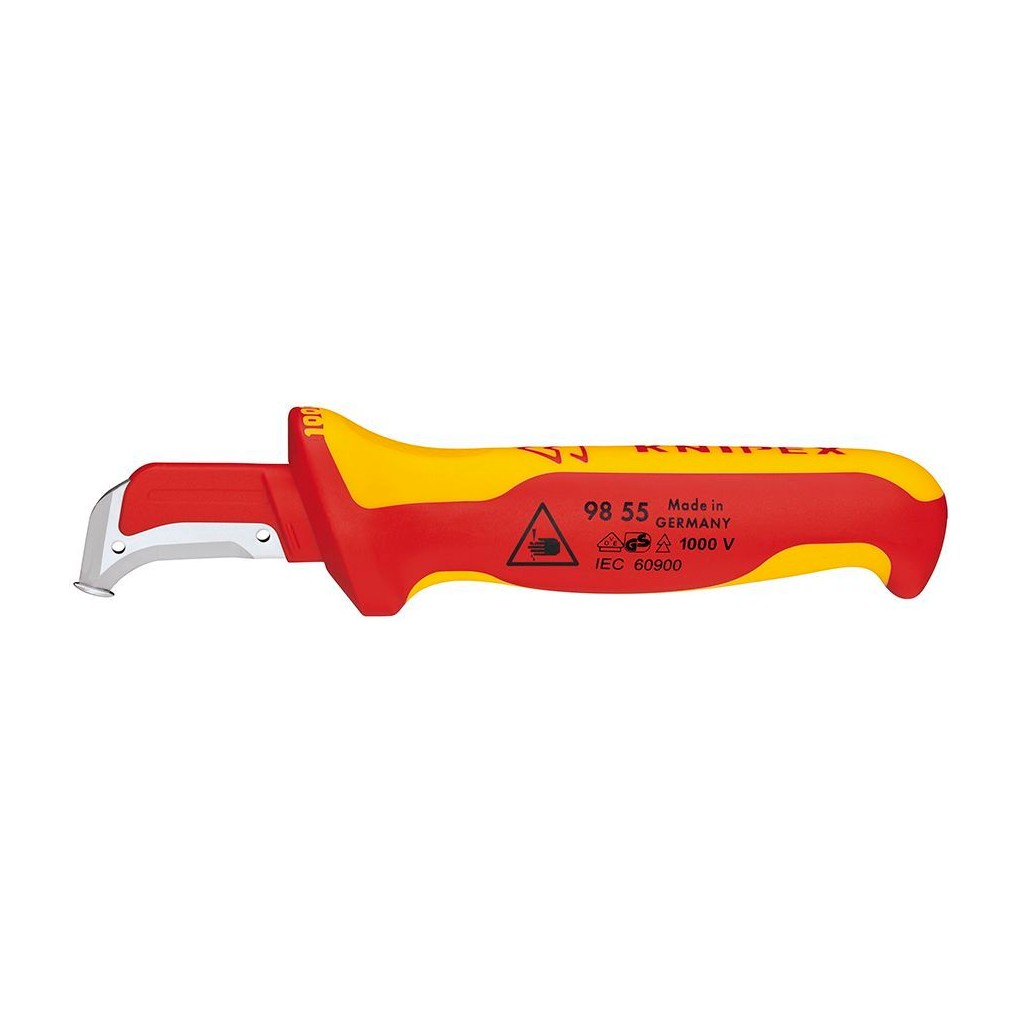 Нож KNIPEX для кабеля VDE с пяткой, 180 мм, нерж. хирургическая сталь, 2К диэлектрическая ручка, KN-9855