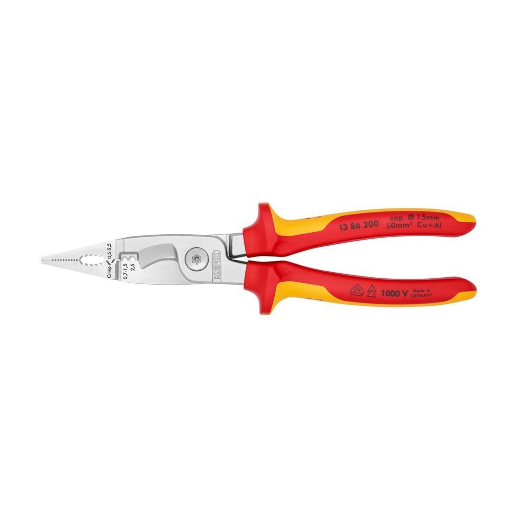 Клещи KNIPEX электромонтажные VDE, 6-в-1, зачистка 0.75 – 1.5 / 2.5 мм2, рез диаметр 15 мм / 50 мм2, 200 мм, хром, 2-комп диэлектрические ручки, KN-1386200