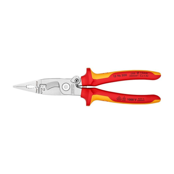 Клещи KNIPEX электромонтажные VDE, 6-в-1, зачистка 0.75 – 1.5 / 2.5 мм2, рез диаметр 15 мм / 50 мм2, 200 мм, защёлка, хром, 2-комп диэлектрические ручки, KN-1396200