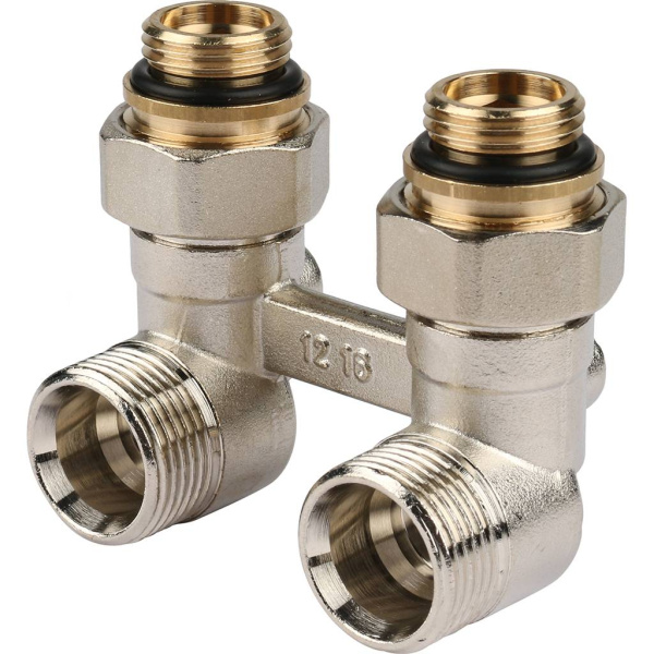 REHAU 12407373001 РЕХАУ Блок шаровых кранов РЕХАУ с соед. нип. G 1/2xG 3/4, угловой (никелирован.), 12407373001