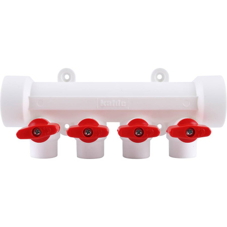 3262-mnr-400420 Kalde Коллектор с запорными кранами (цвет ручек красный) на 4 выхода для полипропиленовых труб под сварку (цвет белый)