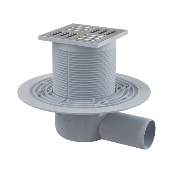Сливной трап AlcaPlast 105x105/50 мм боковой сток, решетка из нержавеющей стали, гидрозатвор комбинированный SMART, APV1321