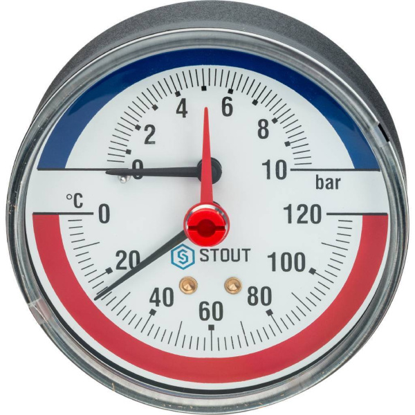 STOUT SIM-0005 Термоманометр аксиальный в комплекте с автоматическим запорным клапаном. Корпус Dn 80 мм 1/2", 0...120°C, 0-10 бар.