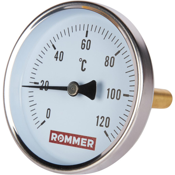 Термометр биметаллический ROMMER 80 мм 120 градусов с погружной гильзой 75 мм 1/2, RIM-0001-807515