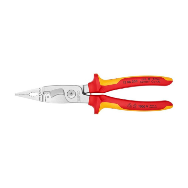 Клещи KNIPEX электромонтажные VDE, 6-в-1, зачистка 0.75 – 1.5 / 2.5 мм2, рез диаметр 15 мм / 50 мм2, 200 мм, хром, 2-комп диэлектрические ручки, KN-1386200