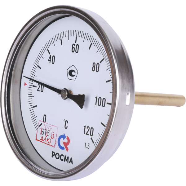 РОСМА БТ-51.211(0-120С)G1/2.100.1,5ТЕРМОМЕТР биметалл. 100 мм, ТИП - БТ-51 корпус -хромированная сталь, шток осевой 100х6мм - нерж.сталь,0-120C, c гильзой (латунь) G1/2, кл. 1,5